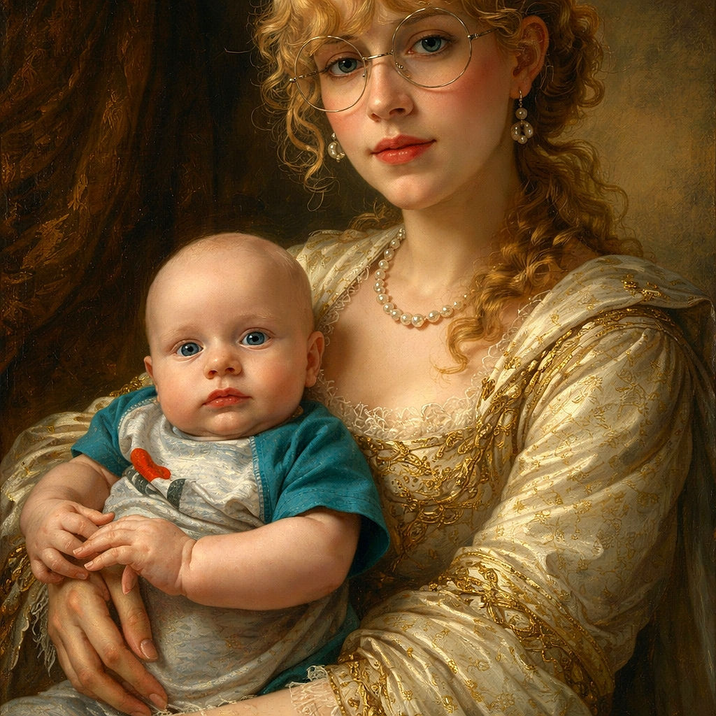 A cozy snapshot featuring a woman with curly hair and round glasses holding a wide-eyed baby dressed in a blue and gray outfit, set against a softly lit kitchen backdrop.