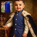 A cheerful toddler dressed in traditional attire stands proudly in a garden, sporting a bright blue vest and white outfit, with a background of greenery and a wooden fence under a clear sky.