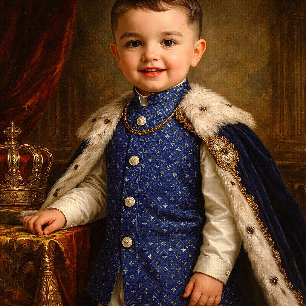 A cheerful toddler dressed in traditional attire stands proudly in a garden, sporting a bright blue vest and white outfit, with a background of greenery and a wooden fence under a clear sky.