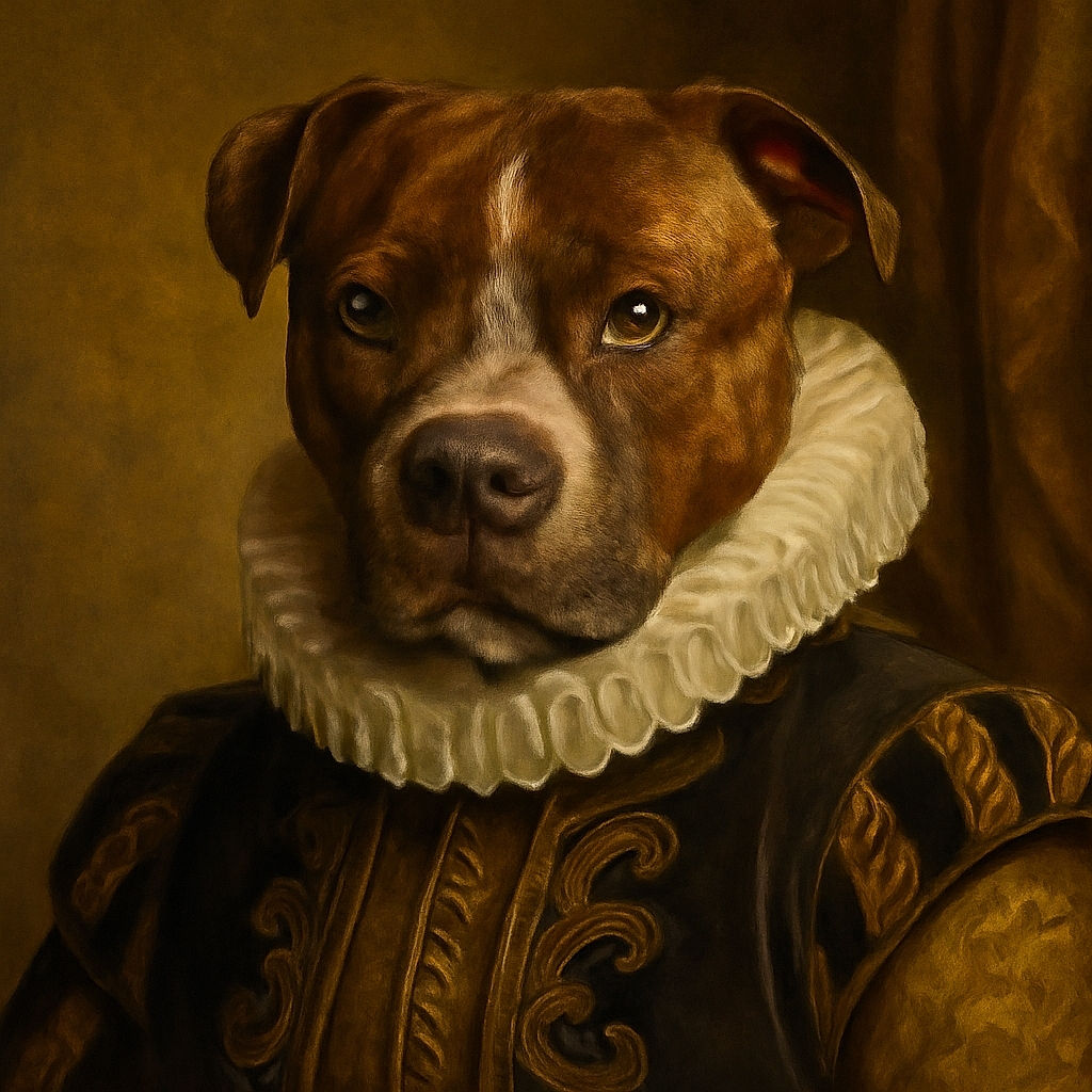 A brindle dog with a white stripe on its face looks up with big, soulful eyes, standing on a wooden floor next to a person's knees clad in light blue jeans.