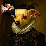 A small light-brown dog with big, curious eyes is curled up on a bed covered with various blankets and pillows, including a black pillow with big yellow eyes that looks like a friendly shadowy creature watching over the pup.