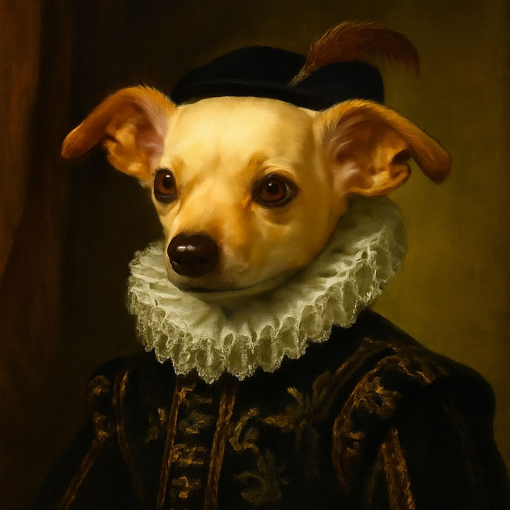 A small light-brown dog with big, curious eyes is curled up on a bed covered with various blankets and pillows, including a black pillow with big yellow eyes that looks like a friendly shadowy creature watching over the pup.