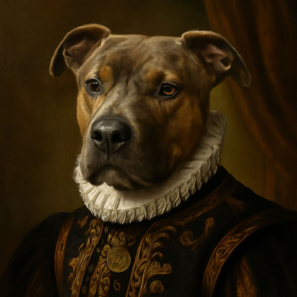 A handsome brindle dog with soulful eyes lounges comfortably on a cozy bed covered in colorful blankets, looking like the ultimate chill boss of nap time.