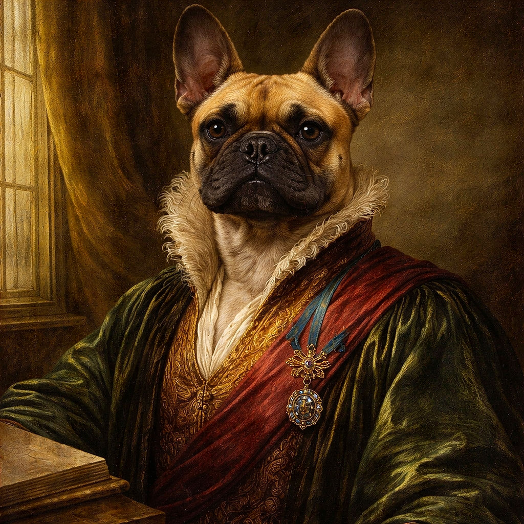 A charming French Bulldog lounges regally on a textured gray couch, front paws stretched out on a cylindrical cushion, eyeing a bright pink bone-shaped toy placed invitingly nearby. The cozy indoor setting with soft natural light highlights the dog's expressive face and velvety ears.