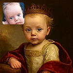 A close-up of a curious baby with big blue eyes gazing intently, tousled light hair, and a soft expression, set against a dark blurred background that makes the baby's features pop.