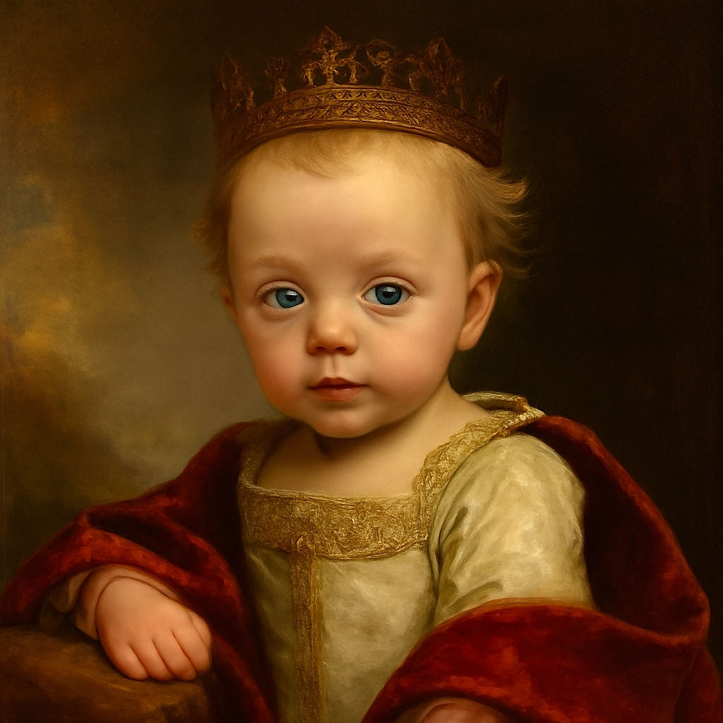A close-up of a curious baby with big blue eyes gazing intently, tousled light hair, and a soft expression, set against a dark blurred background that makes the baby's features pop.