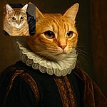 A close-up shot of a curious orange tabby cat with wide eyes and detailed fur texture, resting comfortably on a dark fabric background with a soft, cozy ambiance.