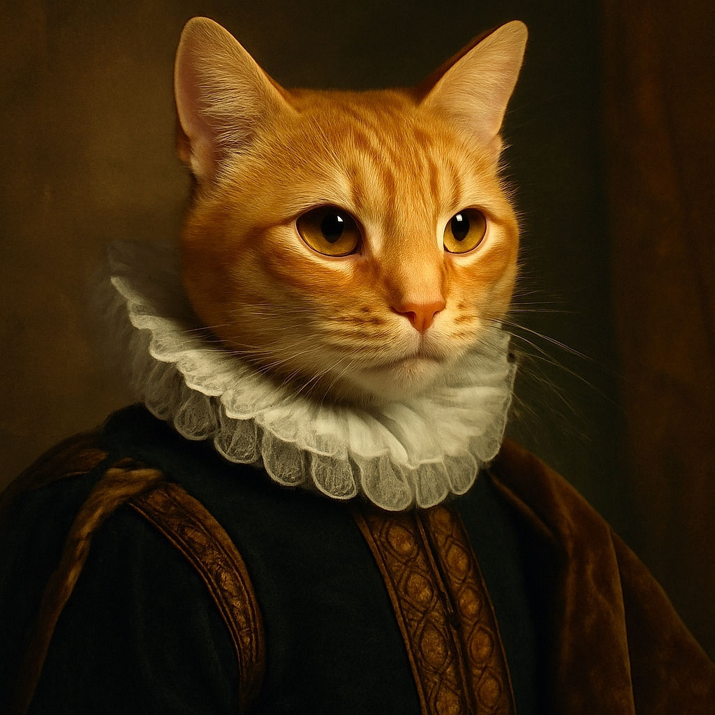 A close-up shot of a curious orange tabby cat with wide eyes and detailed fur texture, resting comfortably on a dark fabric background with a soft, cozy ambiance.