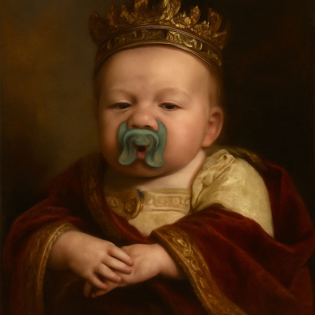 A tiny baby with a blue pacifier is resting their folded hands on a wooden table, wearing cozy pajamas, while a person in a festive red shirt with penguin illustrations holds them gently from behind.