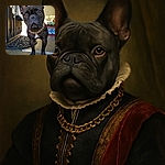 A close-up photo of a serious-looking French bulldog wearing a thick gold chain collar, standing on a concrete floor near a decorative black mat and a door. The background shows some household items and a yellow wall, with natural light illuminating the dog's expressive eyes.