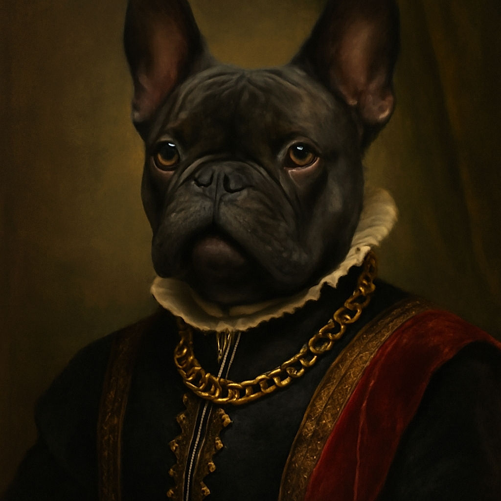 A close-up photo of a serious-looking French bulldog wearing a thick gold chain collar, standing on a concrete floor near a decorative black mat and a door. The background shows some household items and a yellow wall, with natural light illuminating the dog's expressive eyes.