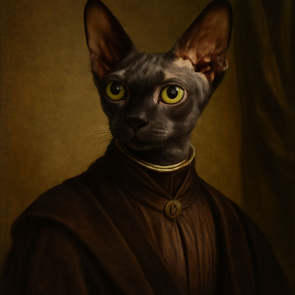 A curious Sphynx cat with large ears and striking yellow eyes stares intently at the camera, perched on a soft blue blanket in front of a sheer white curtain, showcasing its unique wrinkled skin and elegant posture.