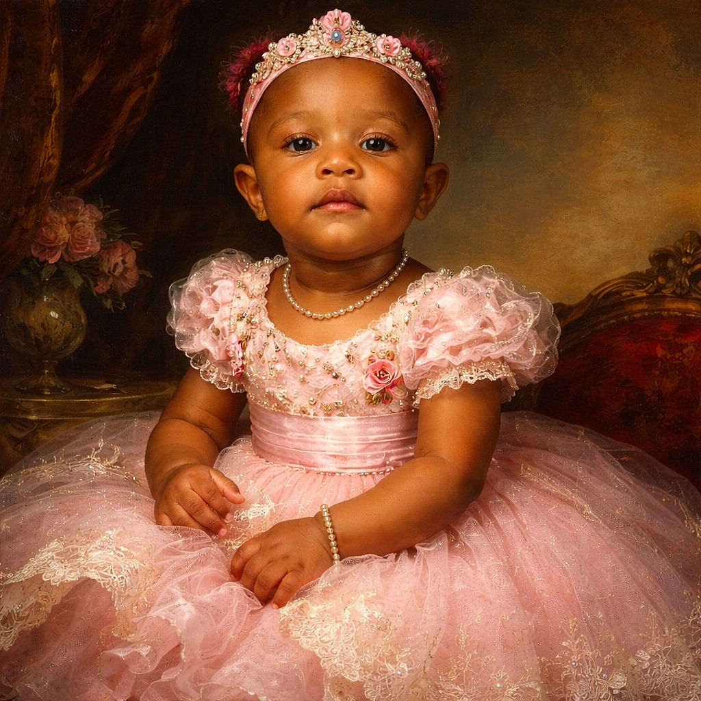 A cute toddler dressed in a fluffy pink dress and matching headband sits on a floral-patterned bedspread, clutching a small pink bottle with a curious expression.