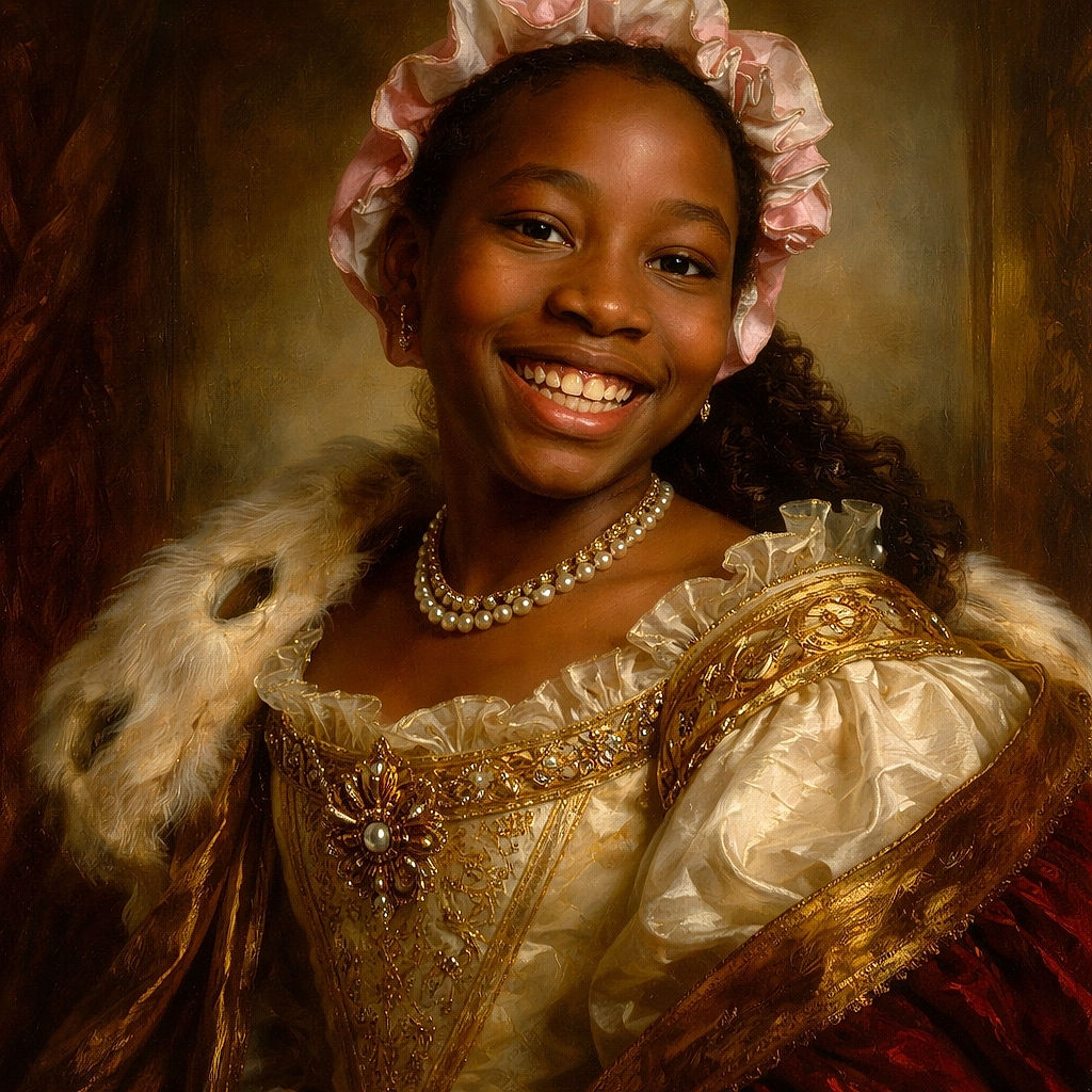A gleeful child fills the frame in a cozy close-up selfie, wearing a ruffled pink bonnet and a camo hoodie while flashing a big toothy grin and a peace sign — the image is slightly soft-focused but bursting with playful energy and warm indoor vibes.