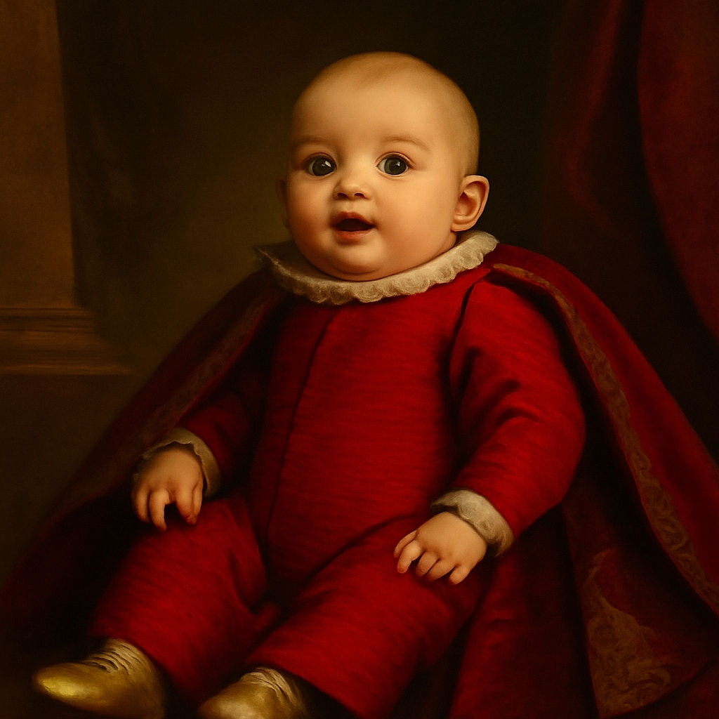 A happy baby dressed in a cozy red onesie lounges comfortably on a soft cushion, flashing a smile that could melt the coldest heart while sporting tiny silver shoes that scream 'future fashion icon.'