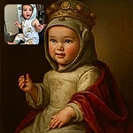 An adorable baby wearing a cute hooded outfit with cartoon characters is sitting on a countertop, looking surprised and reaching out with both hands, with a slightly messy but charming expression.