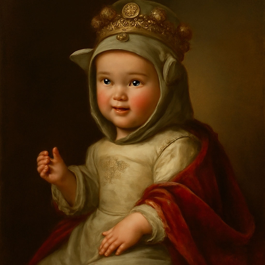 An adorable baby wearing a cute hooded outfit with cartoon characters is sitting on a countertop, looking surprised and reaching out with both hands, with a slightly messy but charming expression.