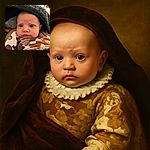 A close-up photo of a wide-eyed baby wrapped snugly in a colorful patterned blanket, peeking out from under a dark fuzzy cover, with an expression of curious surprise.