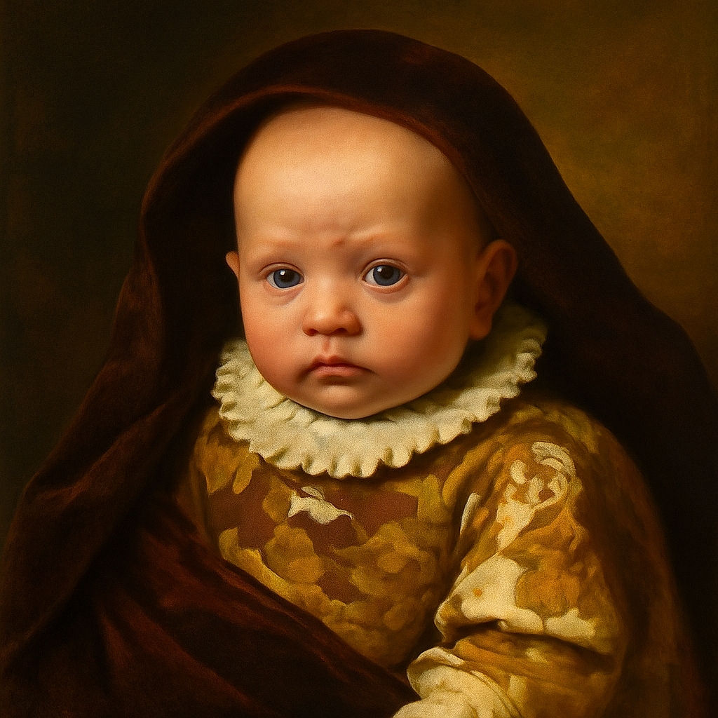 A close-up photo of a wide-eyed baby wrapped snugly in a colorful patterned blanket, peeking out from under a dark fuzzy cover, with an expression of curious surprise.