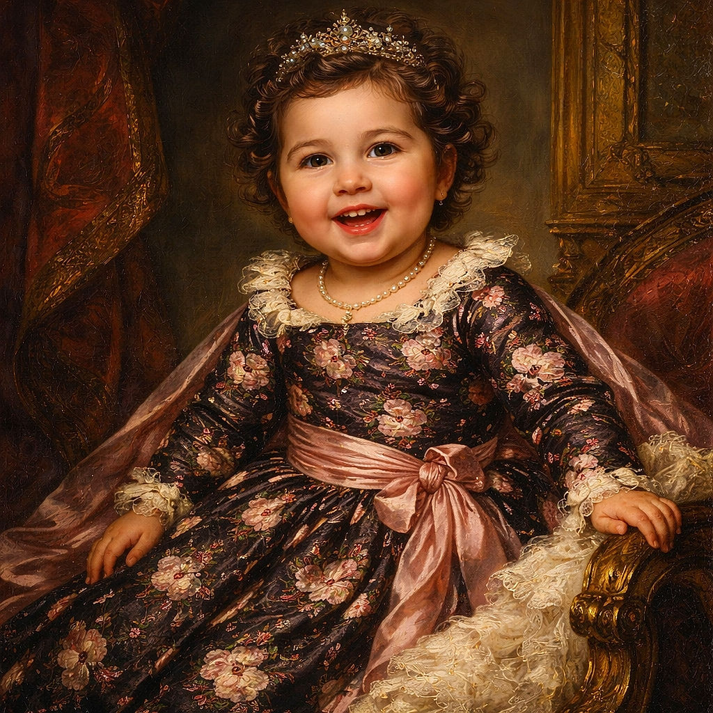 A joyful toddler with bouncy curls beams from the top of a shiny playground slide, gripping the rails like a tiny captain while sporting a unicorn-print outfit and bright pink sneakers.