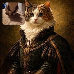 A fluffy cat with wide eyes sits attentively on a carpeted floor, casting a dramatic shadow behind it. The background is cluttered with various household items and boxes, giving a cozy but slightly chaotic vibe.