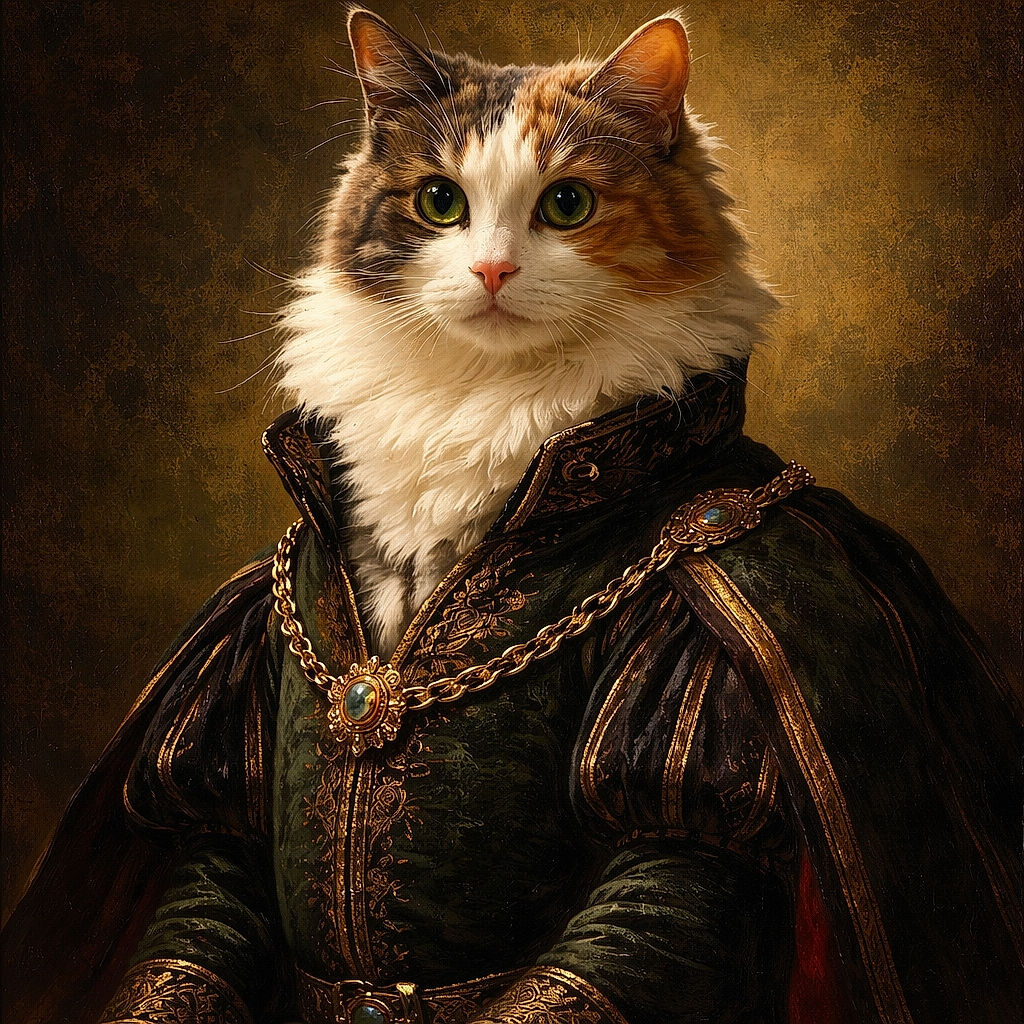 A fluffy cat with wide eyes sits attentively on a carpeted floor, casting a dramatic shadow behind it. The background is cluttered with various household items and boxes, giving a cozy but slightly chaotic vibe.