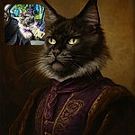 A majestic fluffy cat with striking yellow eyes and a purple collar sits regally on a car seat, bathed in warm sunlight streaming through the window, with a lush green backdrop visible outside.