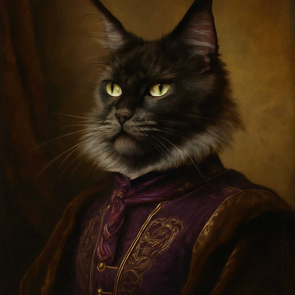 A majestic fluffy cat with striking yellow eyes and a purple collar sits regally on a car seat, bathed in warm sunlight streaming through the window, with a lush green backdrop visible outside.