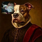 A relaxed dog lying on its back with paws curled up, looking content and cozy against a dark background and a person with a visible tattoo nearby.