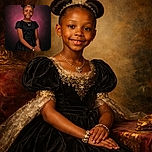 A charming young girl dressed in a sleek black dress poses gracefully against a soft purple gradient backdrop, her hair styled into two neat buns and a warm smile lighting up her face like a little star ready for her close-up.