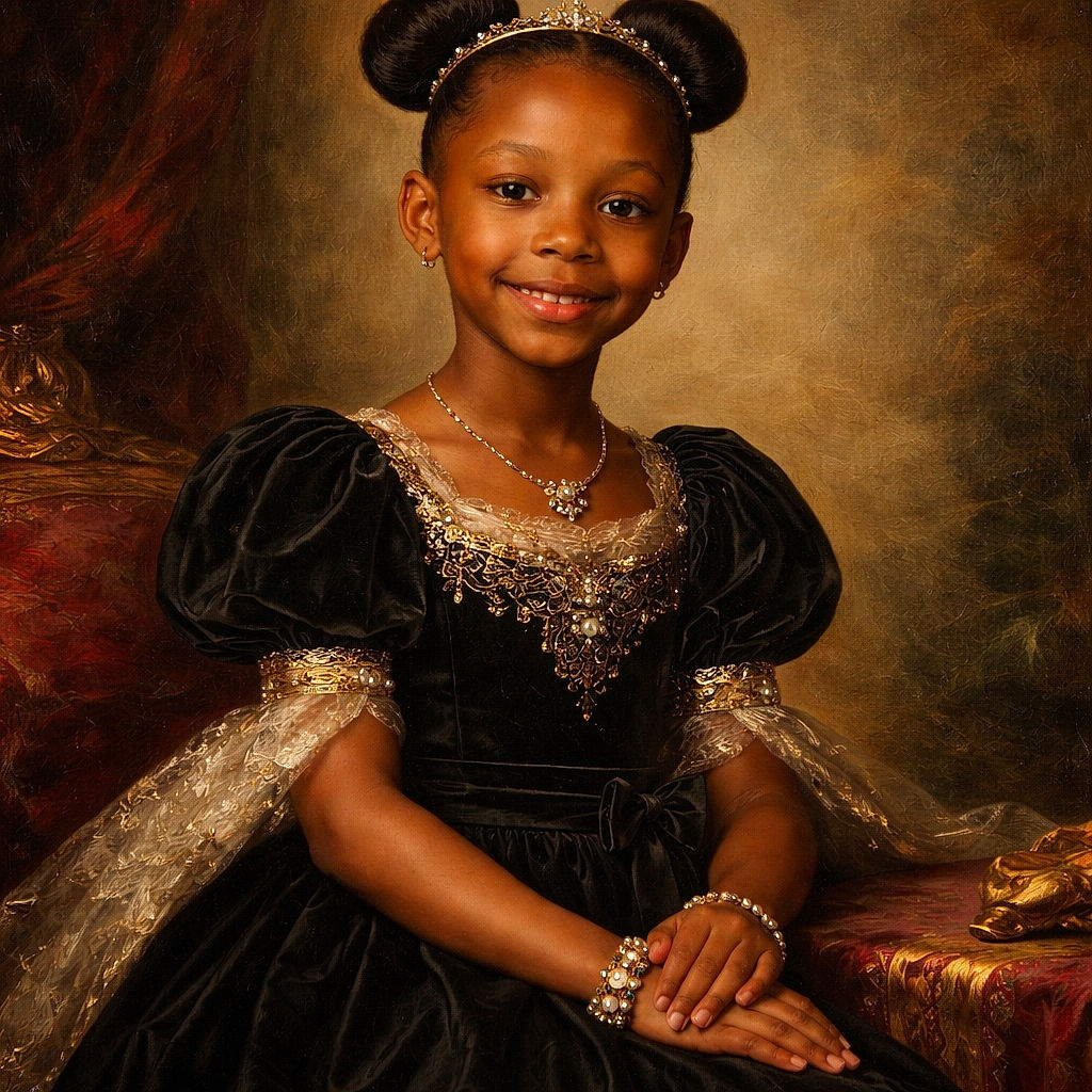 A charming young girl dressed in a sleek black dress poses gracefully against a soft purple gradient backdrop, her hair styled into two neat buns and a warm smile lighting up her face like a little star ready for her close-up.
