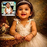 A joyful toddler with sparkling eyes and a big smile sits in a high chair wearing a delicate white dress, while a man in formal attire stands turned away in the background of a stylish cafe with mint green decor.
