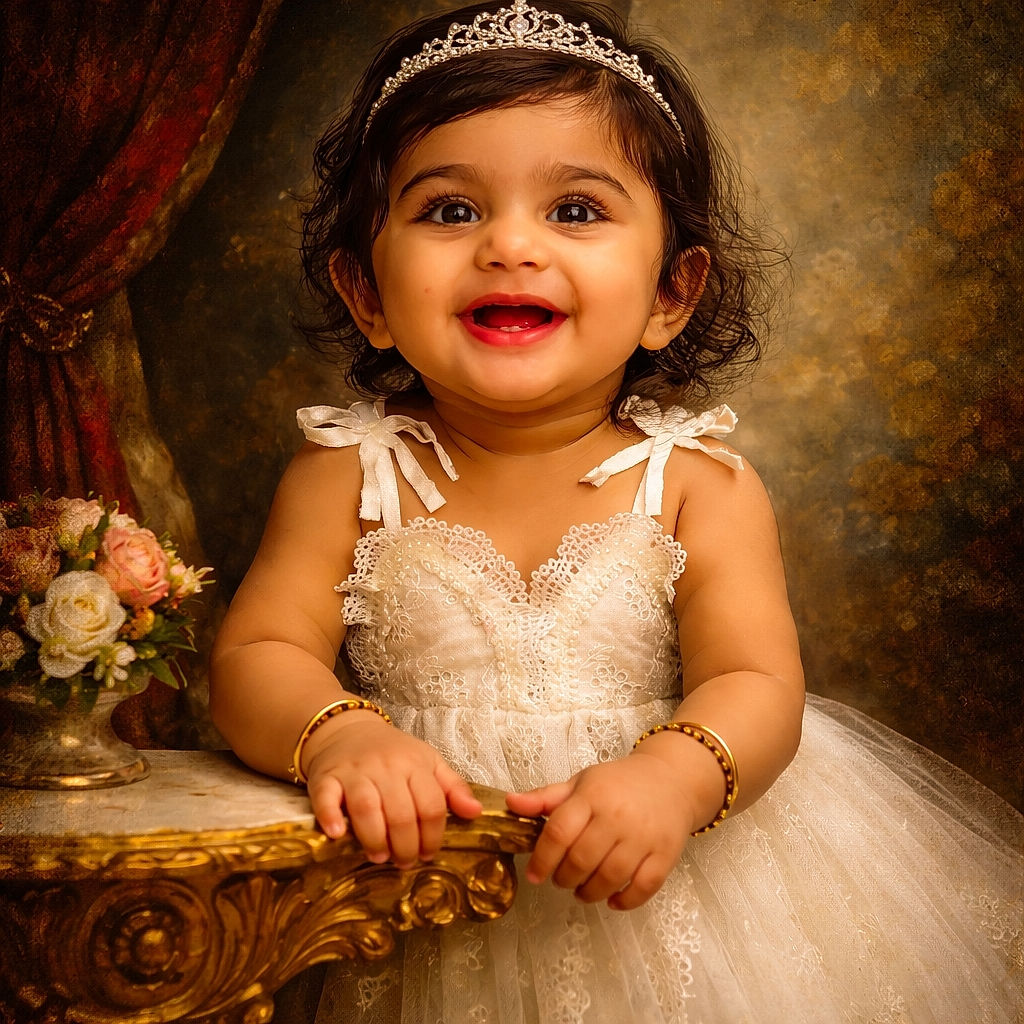 A joyful toddler with sparkling eyes and a big smile sits in a high chair wearing a delicate white dress, while a man in formal attire stands turned away in the background of a stylish cafe with mint green decor.