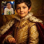 A young boy with a slight smile sits comfortably on a blue and red chair, wearing a Spider-Man themed t-shirt. The background features a cluttered room with a TV screen glowing and various household items scattered around, giving a cozy and lived-in vibe.