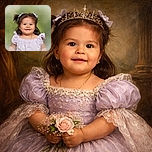 A cheerful toddler with adorable pigtails tied with white bows smiles sweetly at the camera, dressed in a charming lavender checkered dress, set against a soft, blurred green background that makes her the star of the shot.