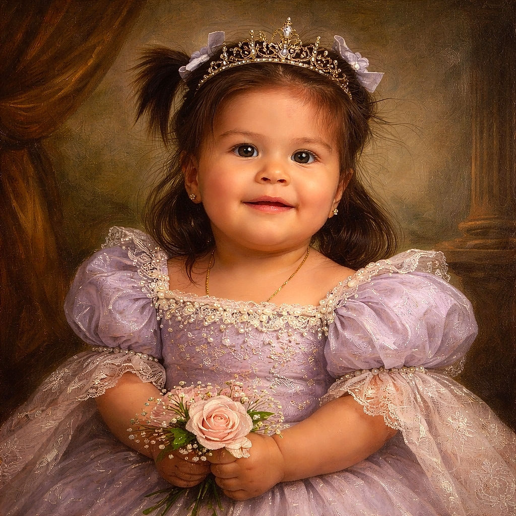 A cheerful toddler with adorable pigtails tied with white bows smiles sweetly at the camera, dressed in a charming lavender checkered dress, set against a soft, blurred green background that makes her the star of the shot.