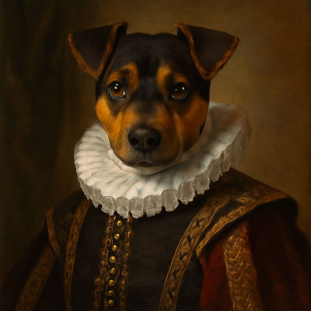 A charming dog lounges comfortably on a couch with a pink floral pillow, looking directly at the camera with an attentive and curious expression. The background is a soft gray couch, providing a cozy indoor setting.