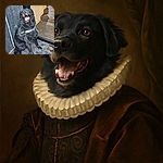 A happy black dog wearing a harness sits on a textured mat near a glass door and stairs, looking up with mouth open as if excited or barking.