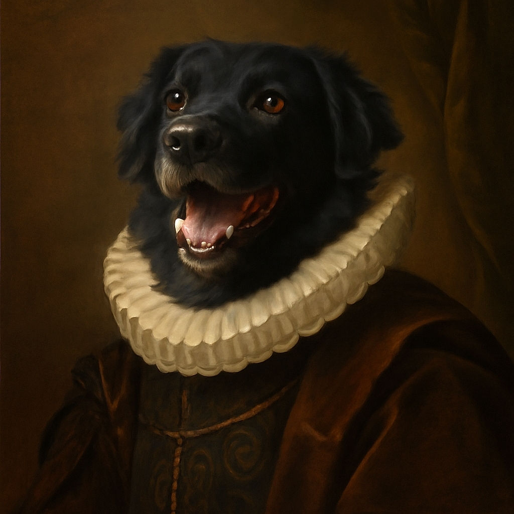 A happy black dog wearing a harness sits on a textured mat near a glass door and stairs, looking up with mouth open as if excited or barking.