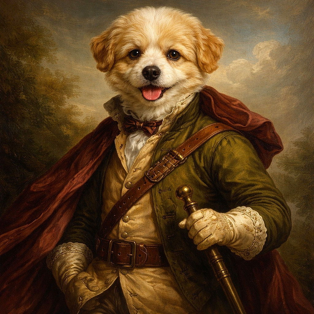 A fluffy, happy puppy with a purple collar sits on a colorful paw-print blanket, tongue out and ready to melt hearts, all framed by a soft-focus outdoor background.