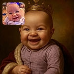 A close-up shot of a joyful baby with a big smile, wearing a lavender outfit. In the background, two slightly blurred children are visible in a cozy, colorful room, giving a lively and warm family vibe.