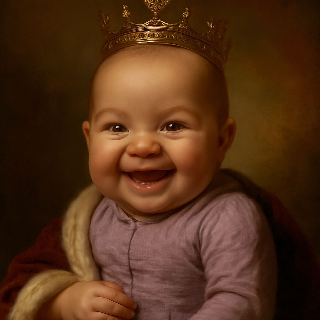 A close-up shot of a joyful baby with a big smile, wearing a lavender outfit. In the background, two slightly blurred children are visible in a cozy, colorful room, giving a lively and warm family vibe.