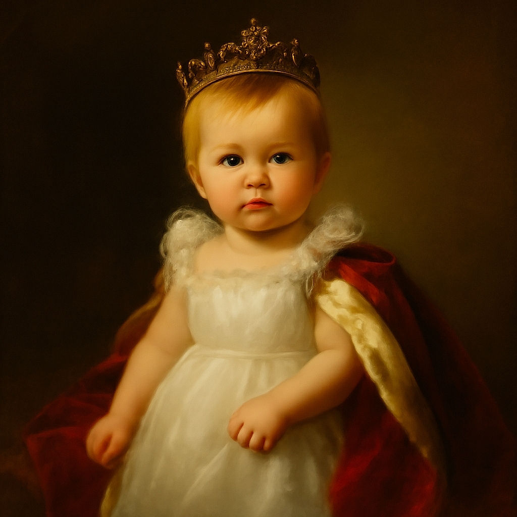 A charming baby dressed in a fluffy white dress stands inside a woven basket, holding onto its handles. The basket is decorated with pink banners spelling out 'ONE', marking a first birthday celebration. The soft, neutral background highlights the adorable subject, capturing a sweet and memorable milestone moment.
