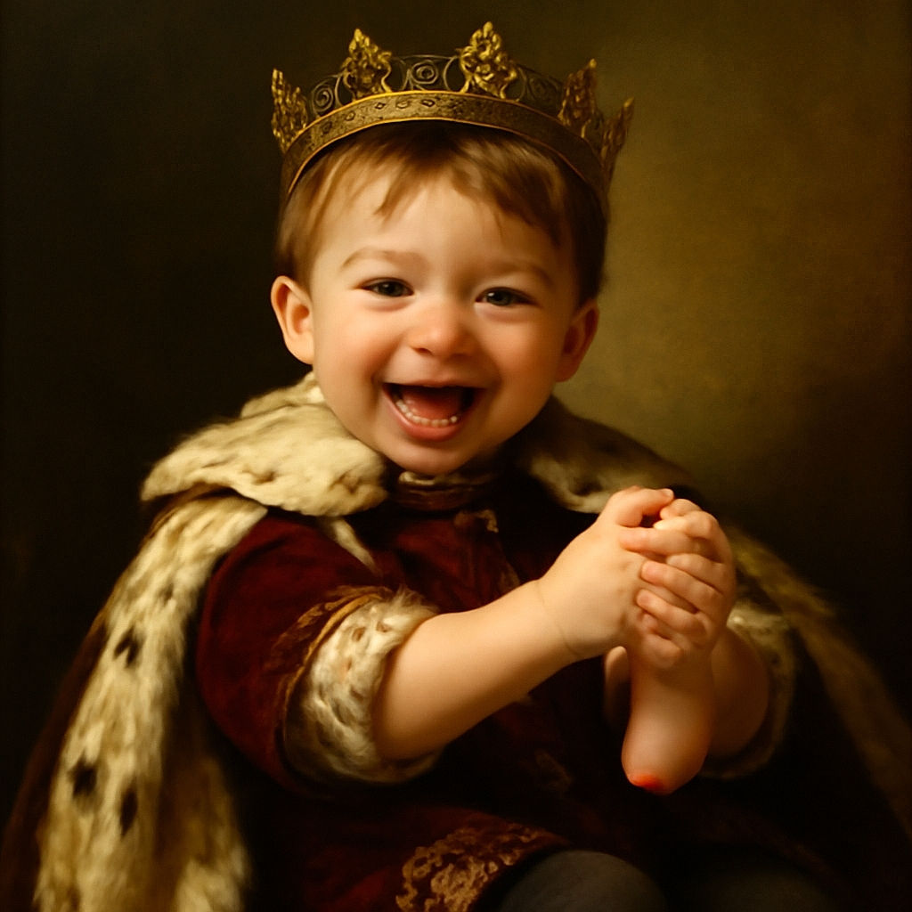 A joyful toddler is laughing heartily while sitting in a car seat, playfully grabbing their own foot with a colorful blanket and a pink bottle in the foreground, capturing a candid and cheerful moment.