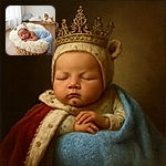 A peacefully sleeping newborn baby wearing a cute knitted bear-ear hat and a soft blue blanket, nestled snugly in a fluffy cream-colored basket bed, with a cozy and softly lit nursery background featuring cloud cushions and a wooden rocking horse.