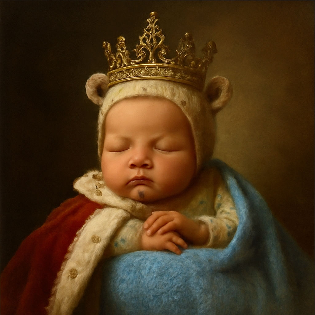 A peacefully sleeping newborn baby wearing a cute knitted bear-ear hat and a soft blue blanket, nestled snugly in a fluffy cream-colored basket bed, with a cozy and softly lit nursery background featuring cloud cushions and a wooden rocking horse.