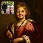 A whimsical scene at a forest fair where a little girl dressed in a colorful medieval-style outfit clutches a bright pink bag and smiles shyly, while a tall man in a dramatic black feathered cloak and a quirky headpiece leans in, creating a playful contrast between fantasy and reality.