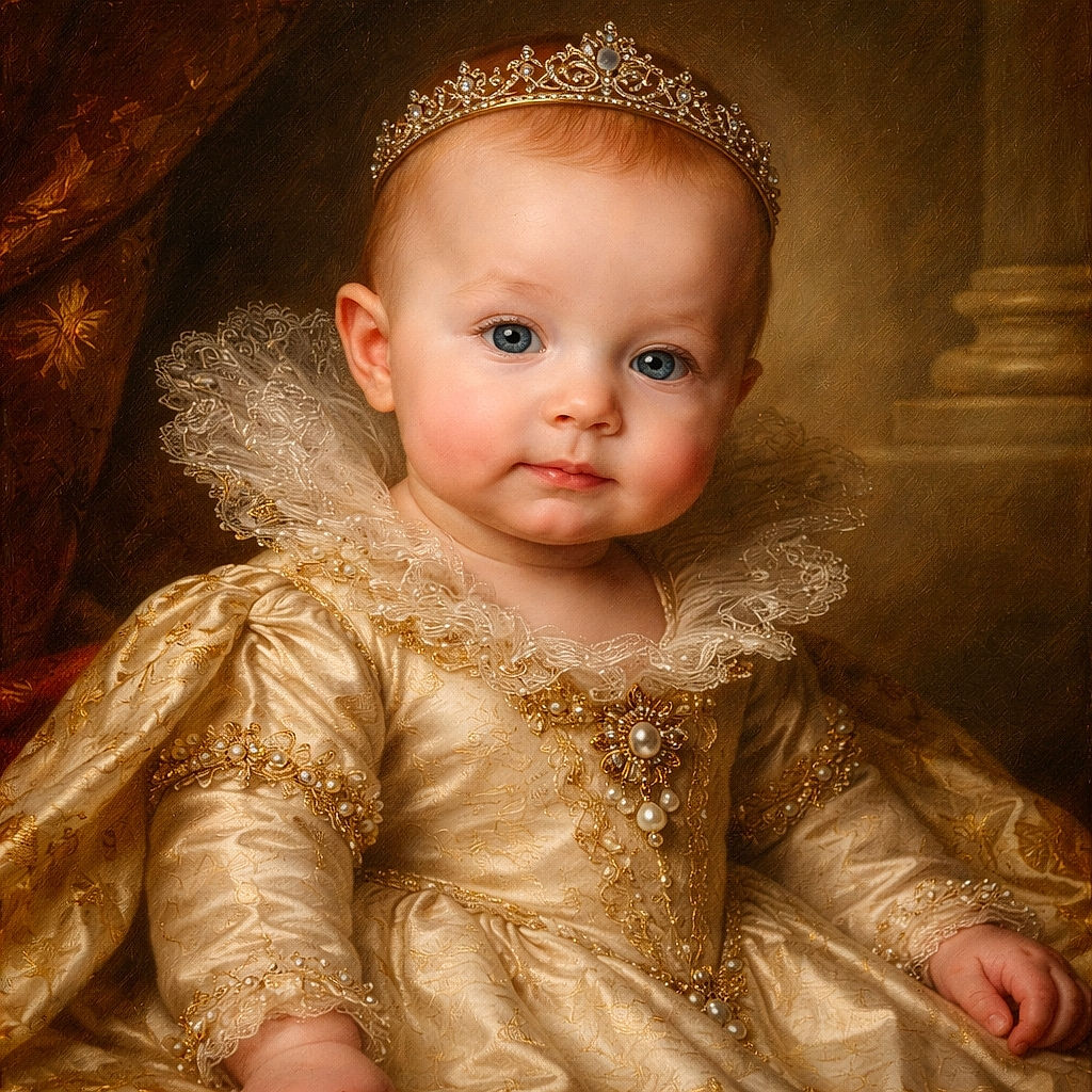 A curious diapered baby gazes at the camera with a slightly puzzled expression like it's judging your life choices. The child sits against wood-paneled walls and a black curtain with a silver spiderweb pattern, propped up by a tattooed adult arm while a red blanket puddles beneath them.