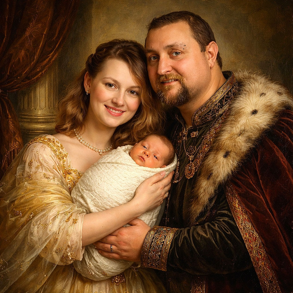 A happy couple lovingly embraces their newborn baby wrapped snugly in a white blanket, all smiling warmly against a soft beige background, radiating family joy and tenderness.