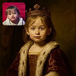 A close-up of a toddler with tousled hair and a curious expression, set against a warm red background. The child wears a cozy, fluffy vest, looking like they just paused mid-adventure to check out the camera.